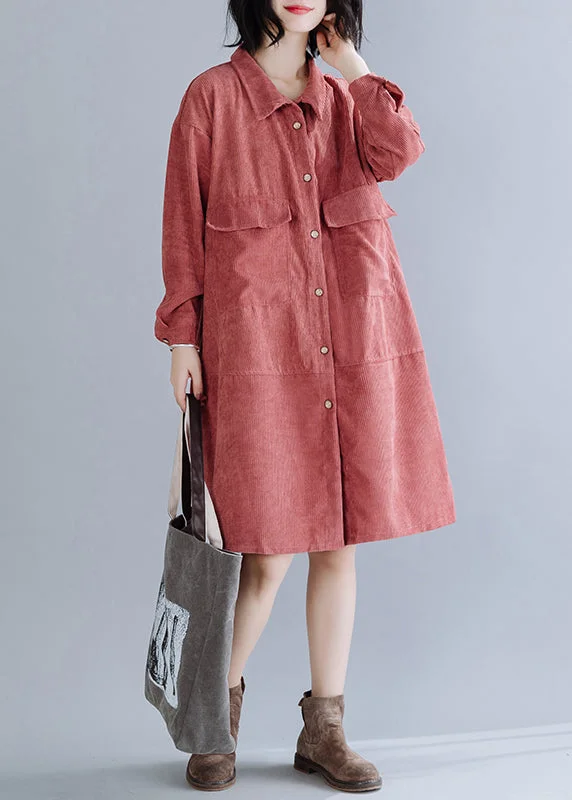 Simple Peter Pan Collar Pockets Corduroy Shirts Coat Spring